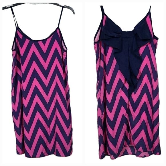 Anthropologie Peach Love Pink Navy Chevron Bow Tie Back Cami Dress Sleeveless - Picture 1 of 6
